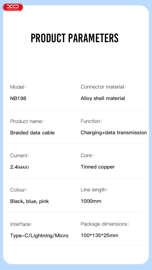 XO Кабел USB-A - Micro USB, 1м, 2.4A, NB198 /розов/