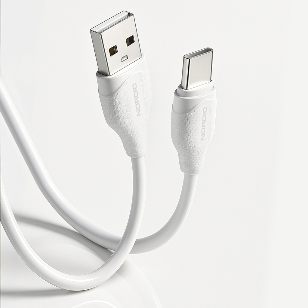 NORDIC Кабел USB-A - Type-C, 2м, 2.1A /бял/