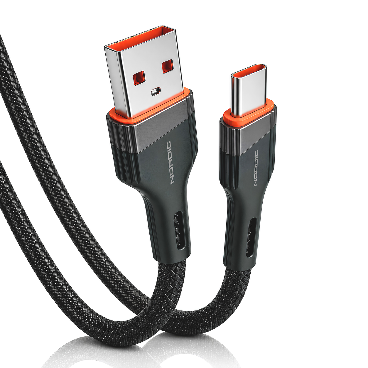 NORDIC Кабел USB-A - Type-C, Braided, 2м, 40W /сив/