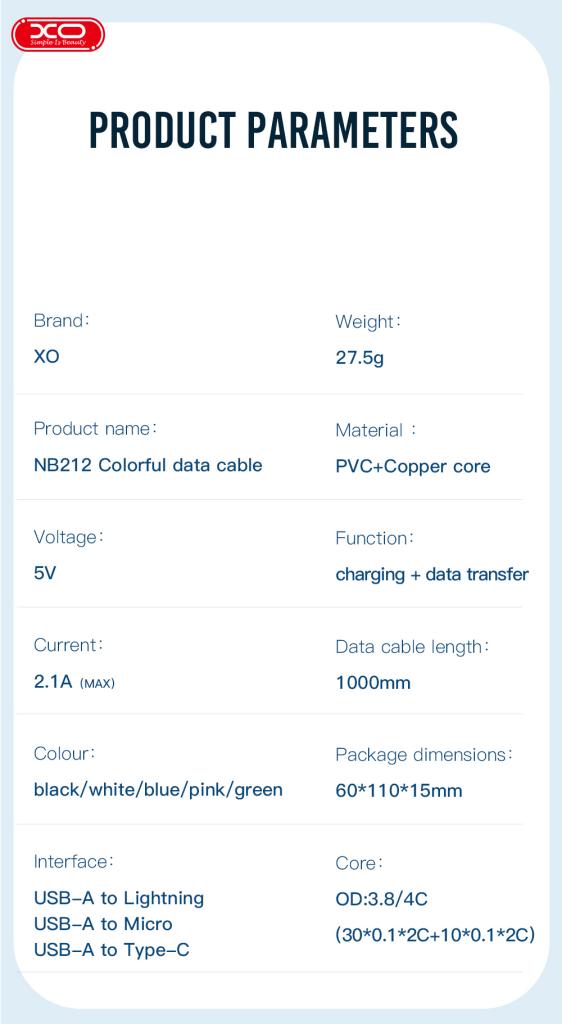 XO Кабел USB-A - Micro, 1м, 2.1A, NB212 /розов/