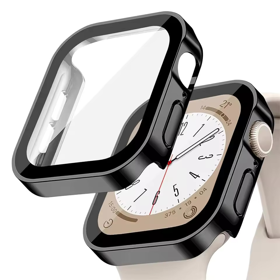 PC Plating Shell протектор + Tempered glass за Apple Watch 45mm /черен/