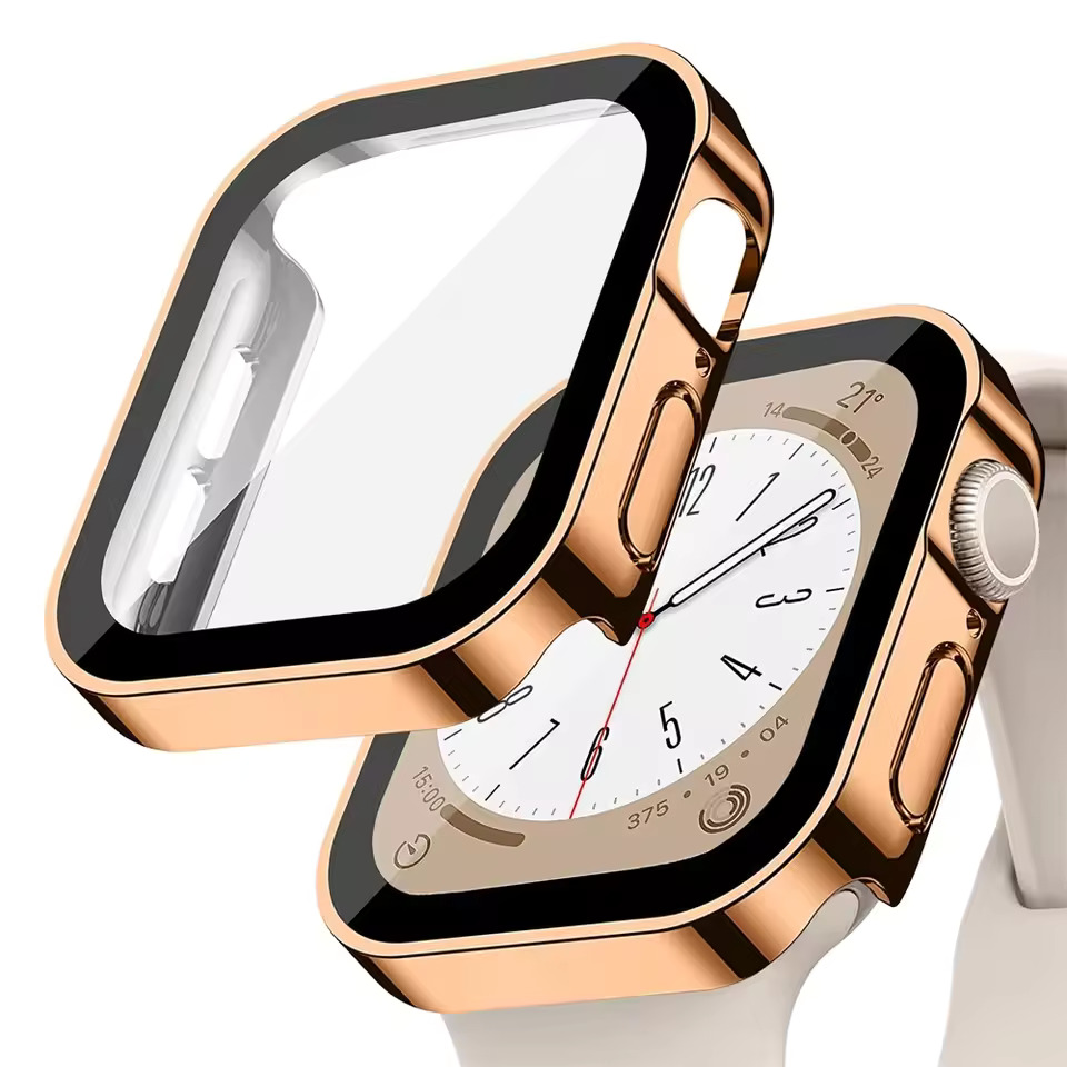 PC Plating Shell протектор + Tempered glass за Apple Watch 46mm /розово злато/
