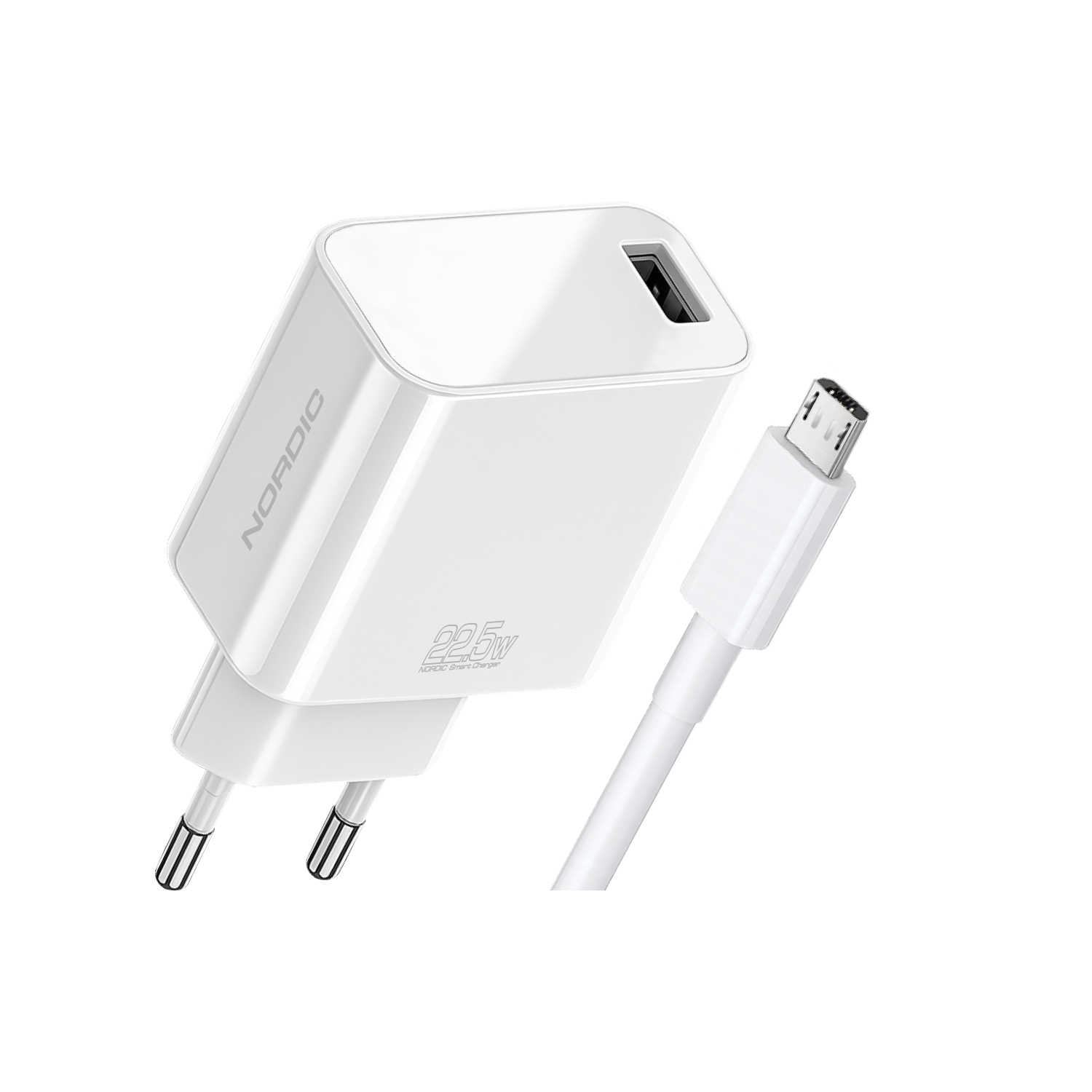 NORDIC 220V 22.5W, 1A + кабел USB-A - Micro /бял/ - NRDi-2250