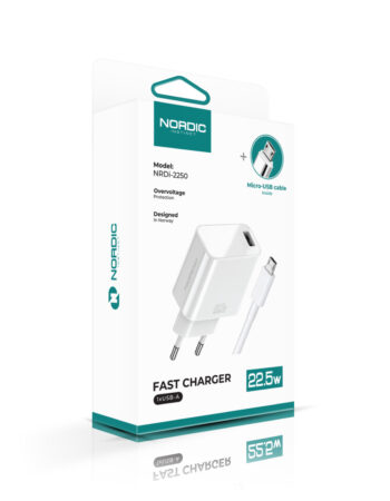 NORDIC 220V 22.5W, 1A + кабел USB-A - Micro /бял/ - NRDi-2250