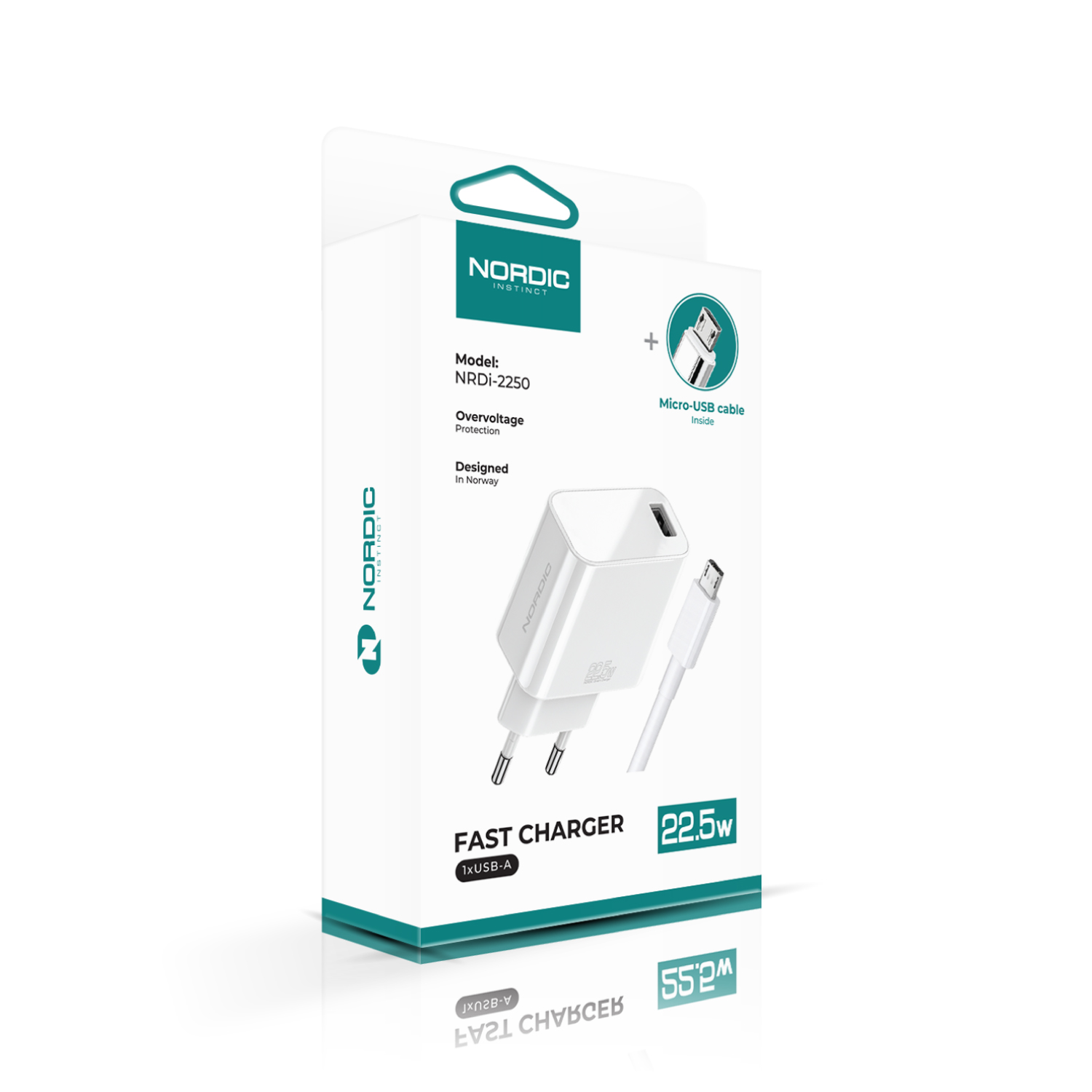 NORDIC 220V 22.5W, 1A + кабел USB-A - Micro /бял/ - NRDi-2250