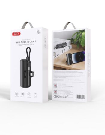 XO Power Bank 5000 mAh 20W, Lightning порт + вграден кабел Type-C /черен/ - PR220