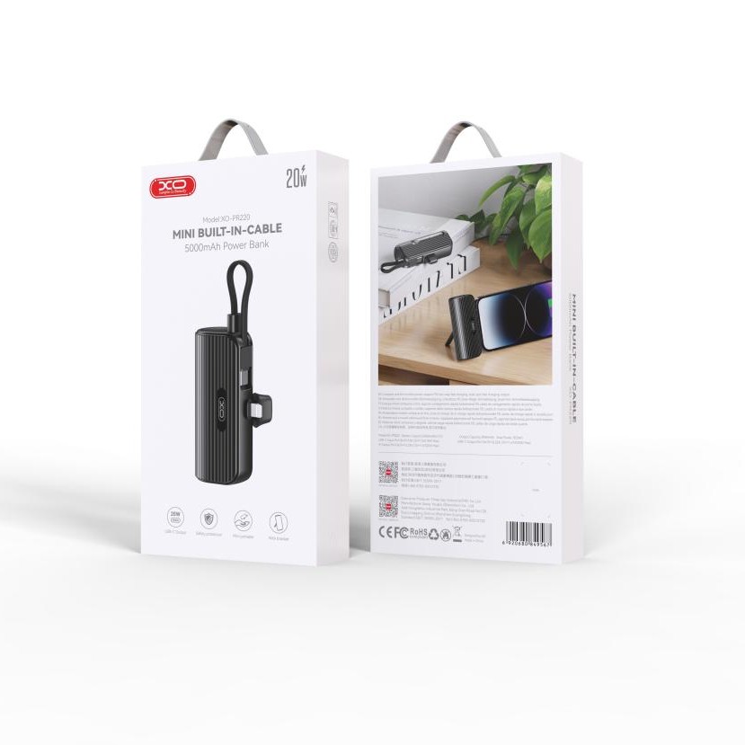 XO Power Bank 5000 mAh 20W, Lightning порт + вграден кабел Type-C /черен/ - PR220