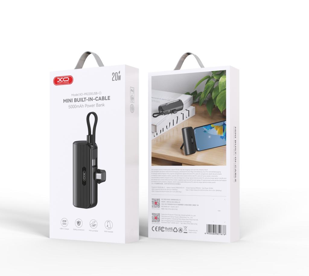 XO Power Bank 5000 mAh 20W, USB-C порт + вграден кабел Type-C /черен/ - PR220 - Image 2