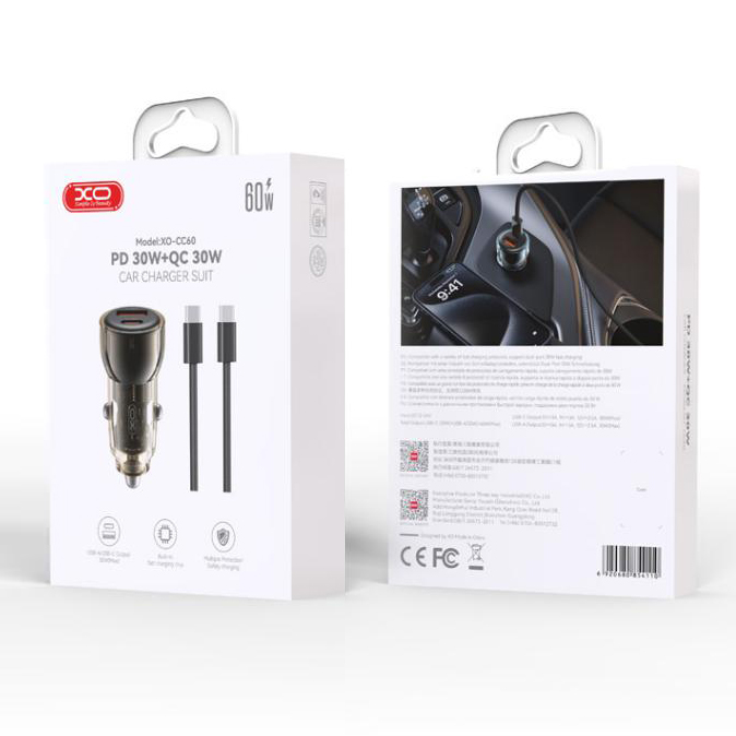 XO 12V 60W, USB-A + USB-C, кабел C-C /черен+син/ - CC60 - Image 2
