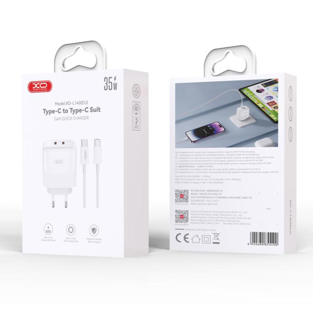 XO 220V 35W, 2xUSB-C, GaN Nitride, бял - L140