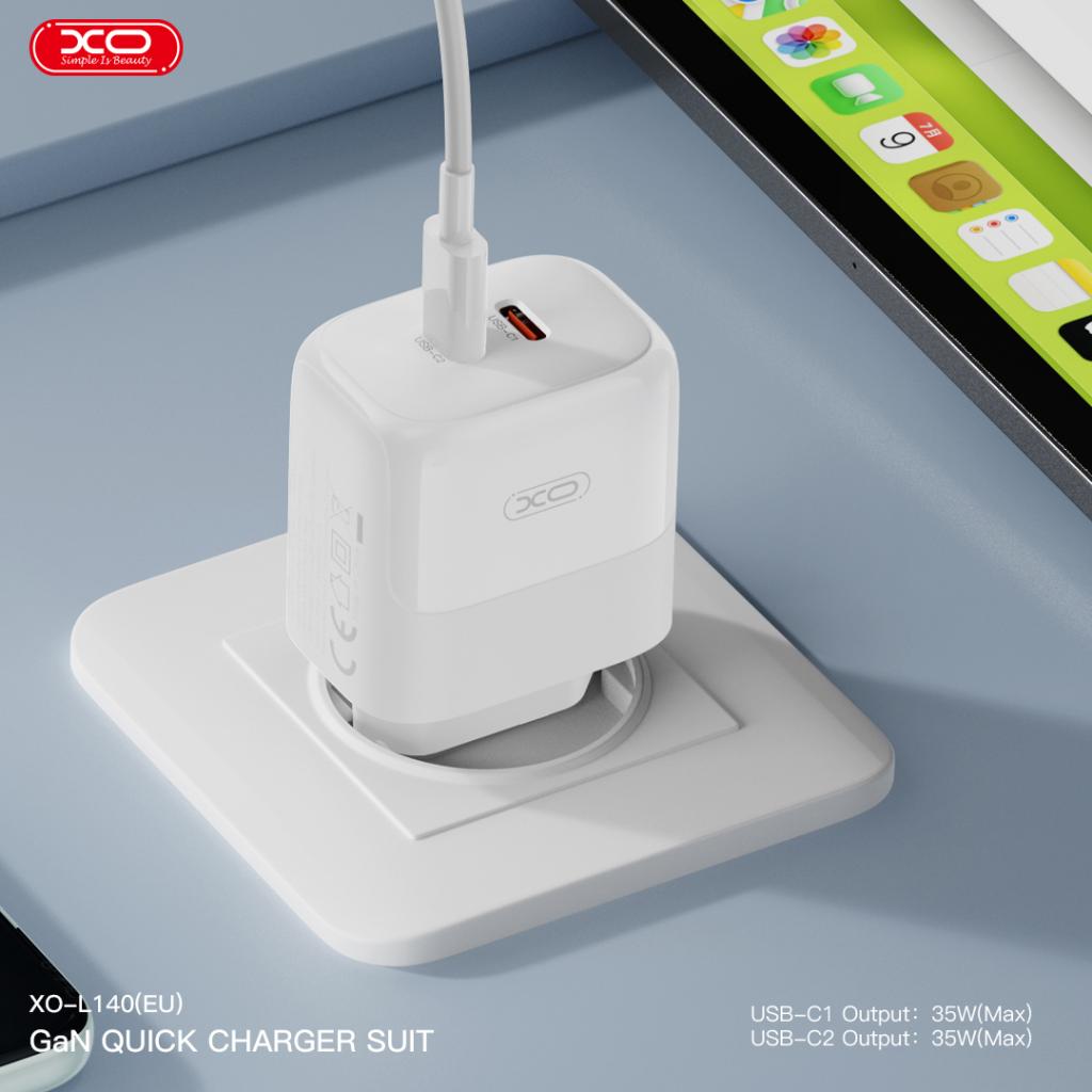 XO 220V 35W, 2xUSB-C, кабел C-L, GaN Nitride, бял - L140