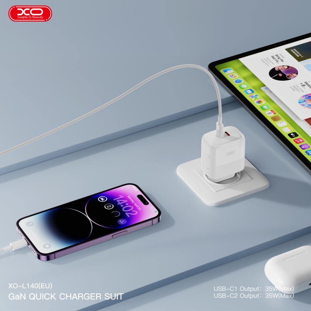 XO 220V 35W, 2xUSB-C, кабел C-L, GaN Nitride, бял - L140