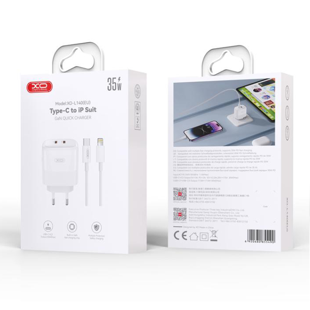 XO 220V 35W, 2xUSB-C, кабел C-L, GaN Nitride, бял - L140