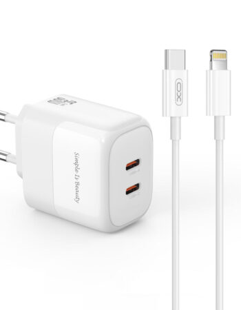 XO 220V 35W, 2xUSB-C, кабел C-L, GaN Nitride, бял - L140