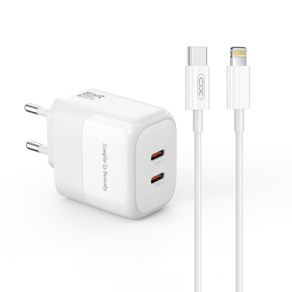 XO 220V 35W, 2xUSB-C, кабел C-L, GaN Nitride, бял - L140
