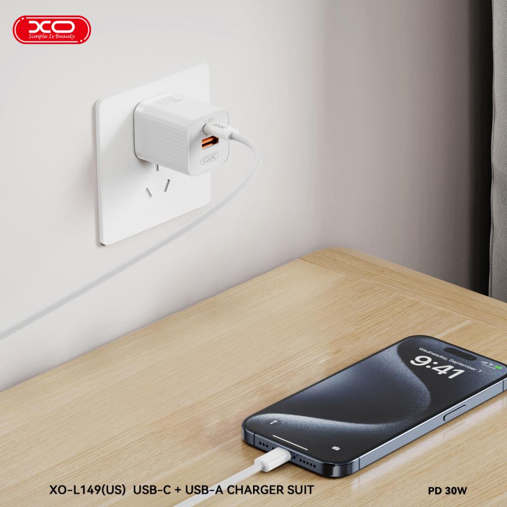 XO 220V 30W, USB-C + USB-A, бял - L149