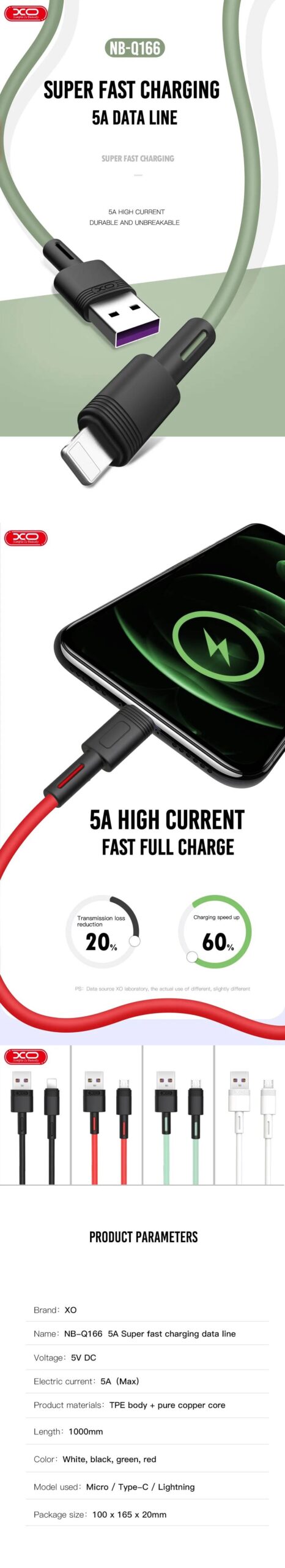 XO Кабел USB-A - Lightning, 1м, 5A, NB-Q166 /бял/ - Image 3