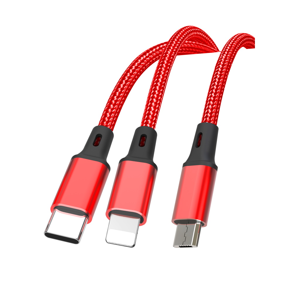 XO Кабел 3 в 1, USB-A към Lightning+Type-C+Micro USB, 1.2м, 2.4A, NB173 /червен/