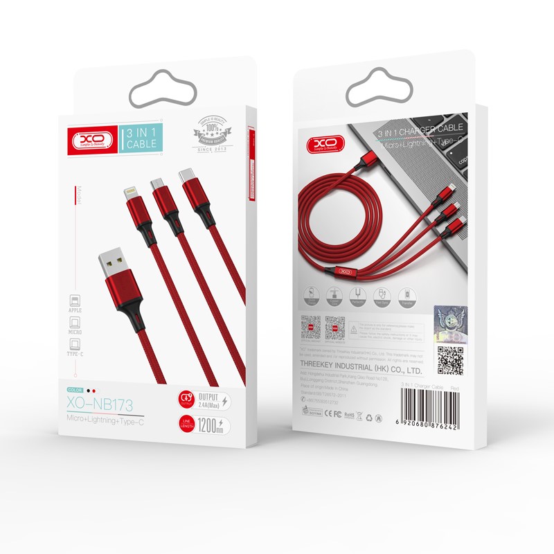 XO Кабел 3 в 1, USB-A към Lightning+Type-C+Micro USB, 1.2м, 2.4A, NB173 /червен/