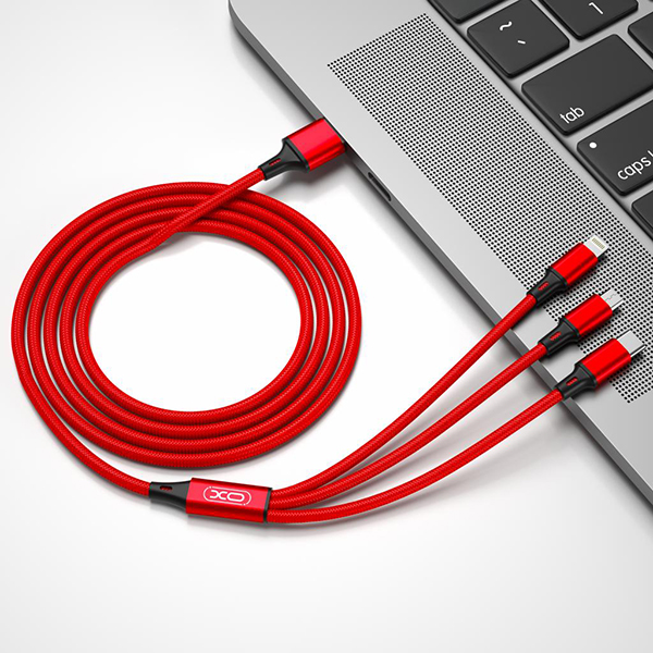 XO Кабел 3 в 1, USB-A към Lightning+Type-C+Micro USB, 1.2м, 2.4A, NB173 /червен/