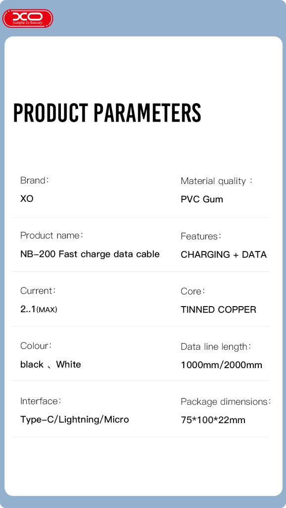 XO Кабел USB-A - Lightning, 1м, 2A, NB200 /черен/