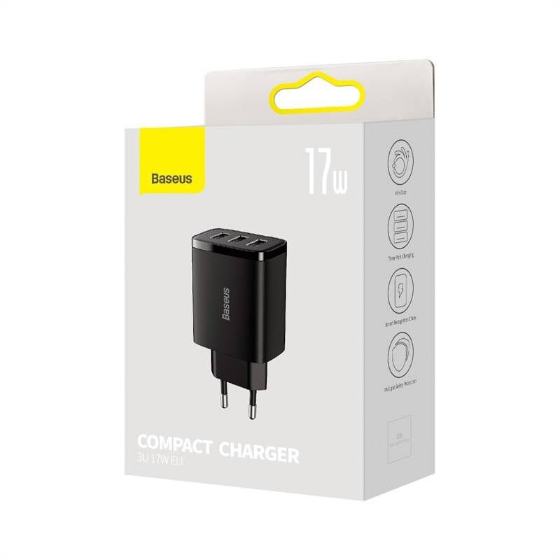 BASEUS 220V 17W, 3xUSB-A, Compact Series, черен - CCXJ020101 - Image 2