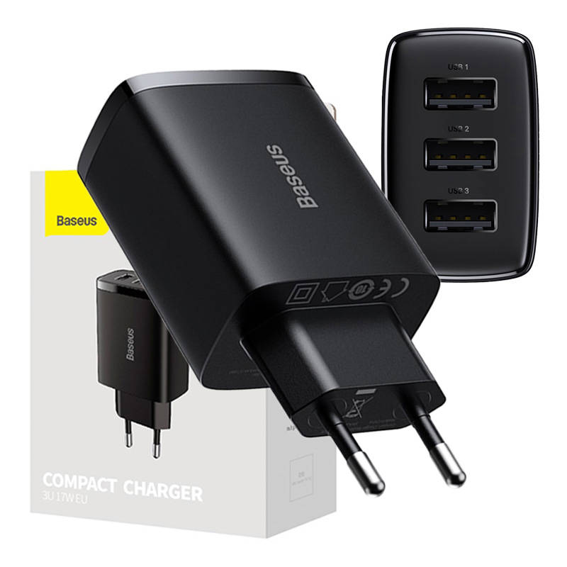 BASEUS 220V 17W, 3xUSB-A, Compact Series, черен - CCXJ020101 - Image 5