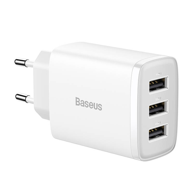 BASEUS 220V 17W, 3xUSB-A, Compact Series, бял - CCXJ020102