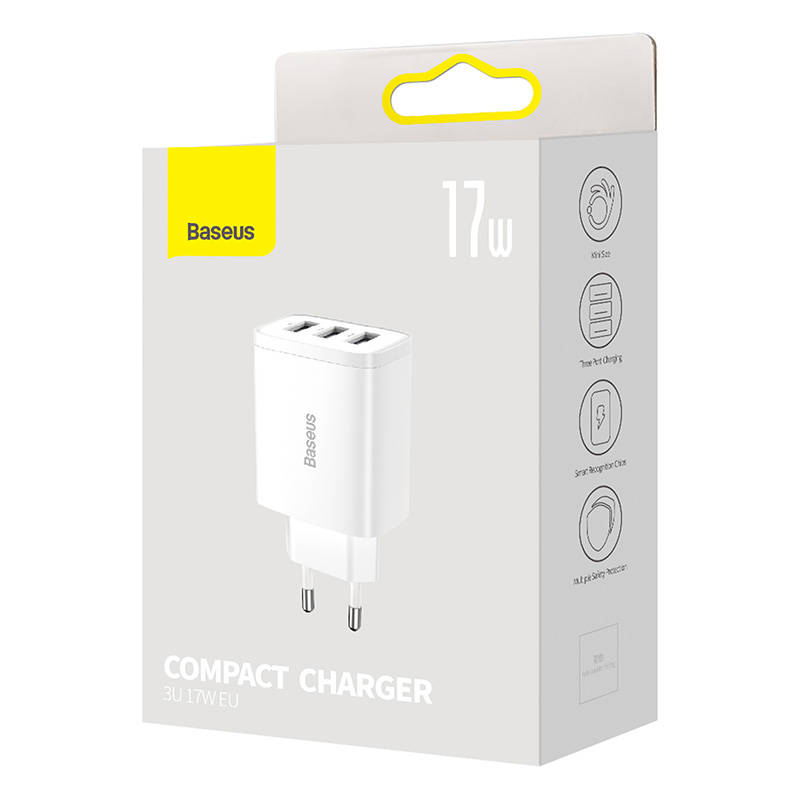 BASEUS 220V 17W, 3xUSB-A, Compact Series, бял - CCXJ020102