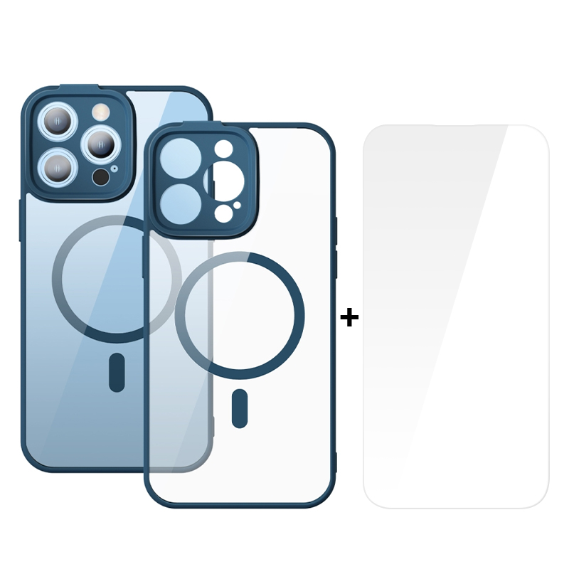 BASEUS Калъф + Стъклен протектор Frame MagSafe Apple iPhone 14 Pro /син/
