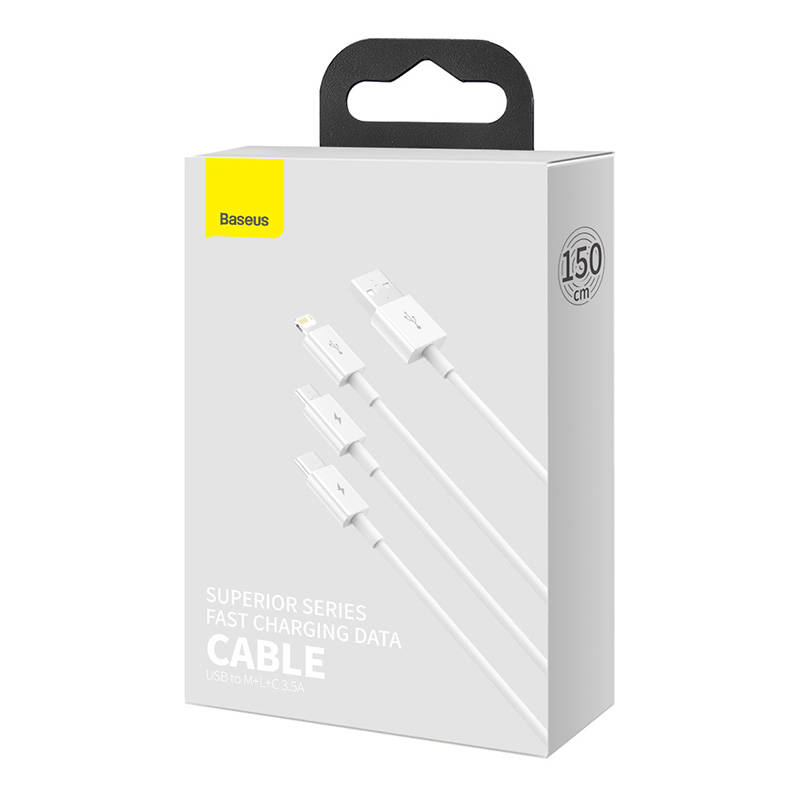 BASEUS Кабел 3 в 1, USB-A към Lightning+USB Type-C+Micro USB, 1м, 3.5A, Superior Data, P10320105221-00 /бял/