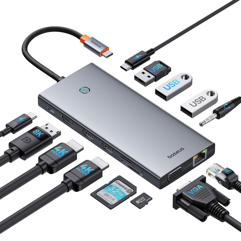 BASEUS Хъб 13-в-1 от Type-C към USB2.0+2xUSB3.0+USB-C+2xHDMI 4K+USB-C(PD)+DP+VGA+TF/microSD+RJ45+3.5mm jack, PortalJoy S. /сив/ - B00053002811-01