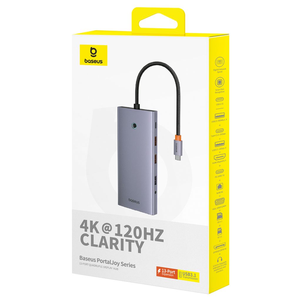 BASEUS Хъб 13-в-1 от Type-C към USB2.0+2xUSB3.0+USB-C+2xHDMI 4K+USB-C(PD)+DP+VGA+TF/microSD+RJ45+3.5mm jack, PortalJoy S. /сив/ - B00053002811-01