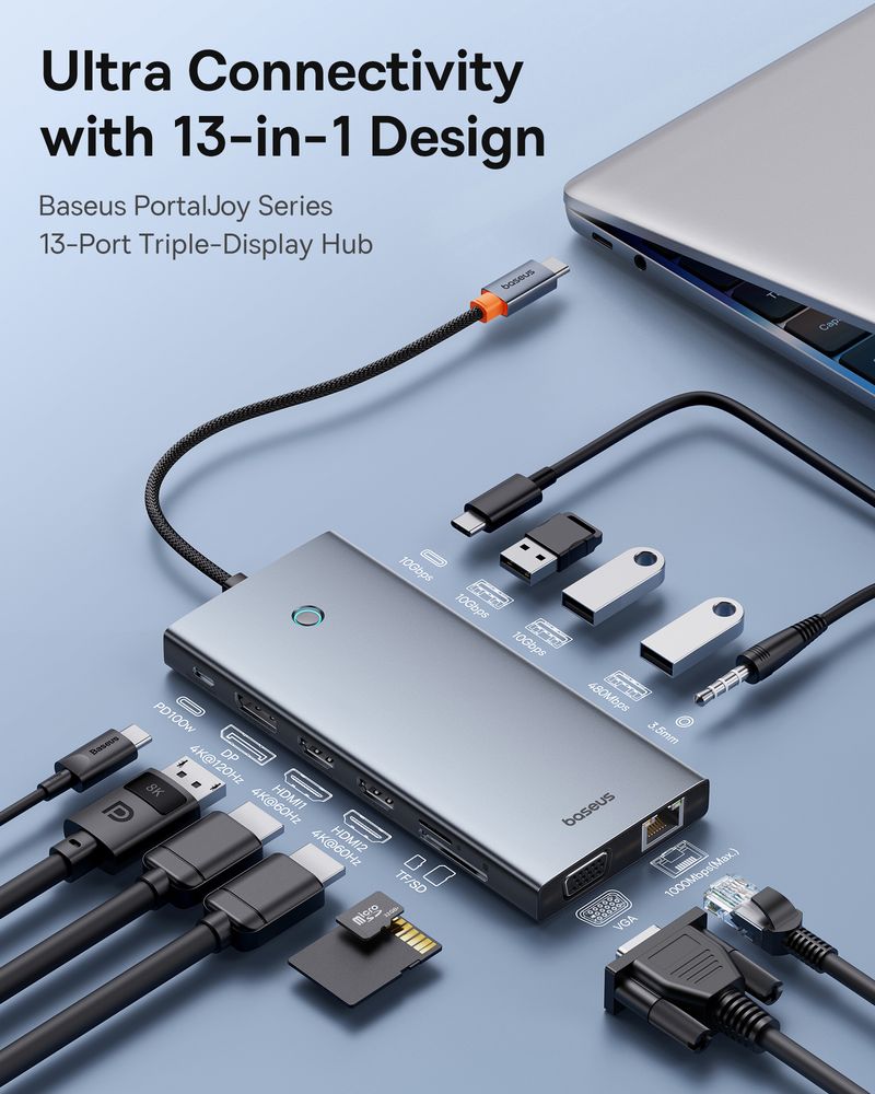 BASEUS Хъб 13-в-1 от Type-C към USB2.0+2xUSB3.0+USB-C+2xHDMI 4K+USB-C(PD)+DP+VGA+TF/microSD+RJ45+3.5mm jack, PortalJoy S. /сив/ - B00053002811-01