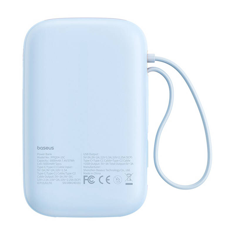 BASEUS Power Bank 20000 mAh, 30W + вградени кабели 2C, Qpow 2 /син/ - P10055009313-00