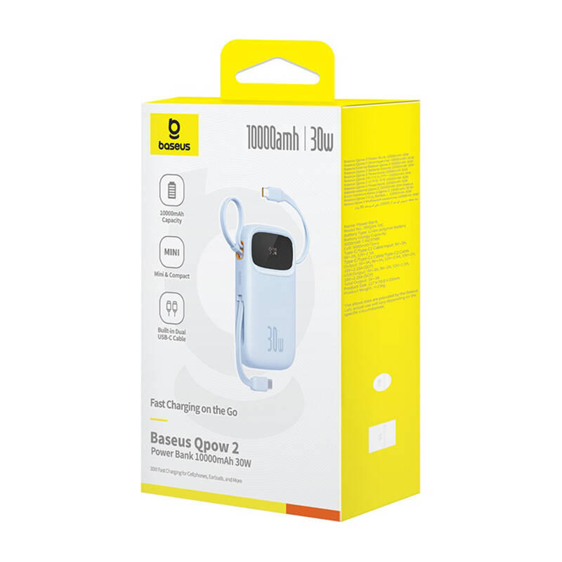 BASEUS Power Bank 20000 mAh, 30W + вградени кабели 2C, Qpow 2 /син/ - P10055009313-00