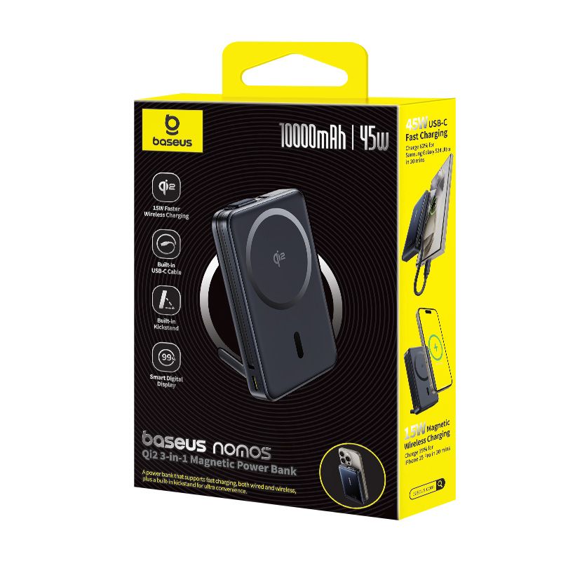 BASEUS Power Bank 10000 mAh, 45W PicoGo Qi2 Nomos Magnetic + вграден кабел Type-C + стойка /черен/ - P10078800123-00