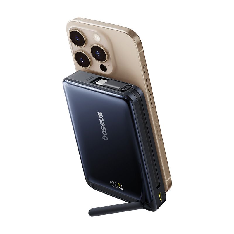 BASEUS Power Bank 10000 mAh, 45W PicoGo Qi2 Nomos Magnetic + вграден кабел Type-C + стойка /черен/ - P10078800123-00