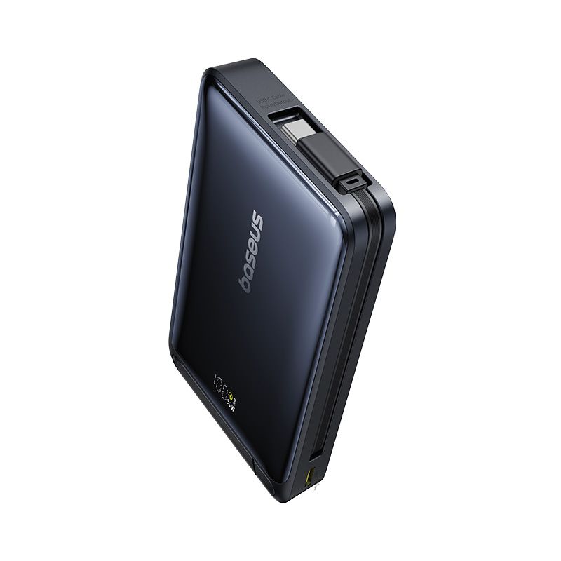 BASEUS Power Bank 10000 mAh, 45W PicoGo Qi2 Nomos Magnetic + вграден кабел Type-C + стойка /черен/ - P10078800123-00