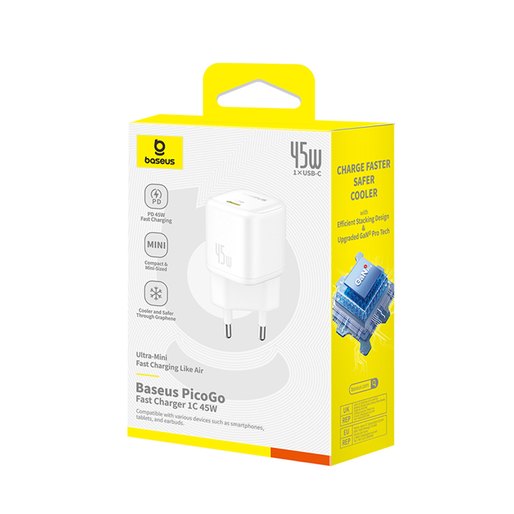 BASEUS 220V 45W, USB-C, PicoGo GaN /бял/- P10176800213-00