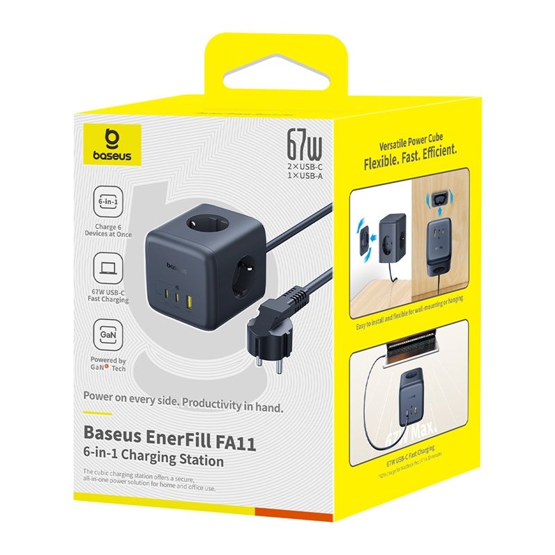Baseus Разклонител 220V 67W, EnerFill FA11 4000W, 3xAC + USB-A+ USB-C, GaN6 /черен/ - E00082100123-00