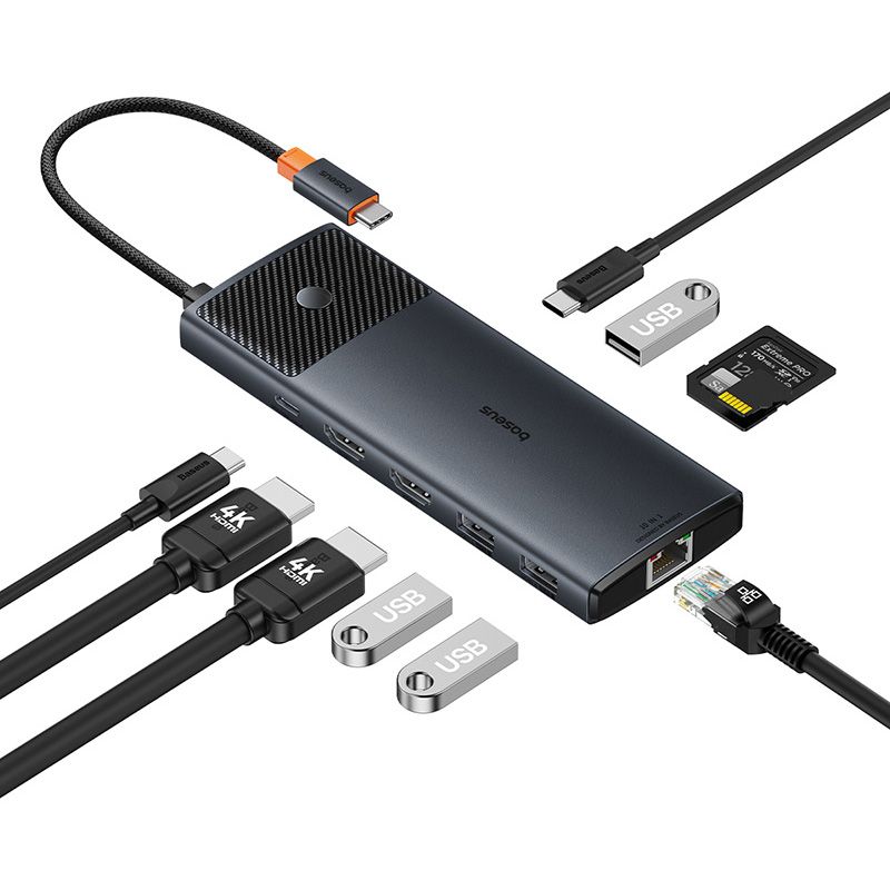 BASEUS Хъб 10-в-1 от Type-C към 3xUSB3.0+2xHDMI 4K+USB-C(PD)100W+USB-C(data)+TF/microSD+RJ45 /сив/ - B00061800123-01