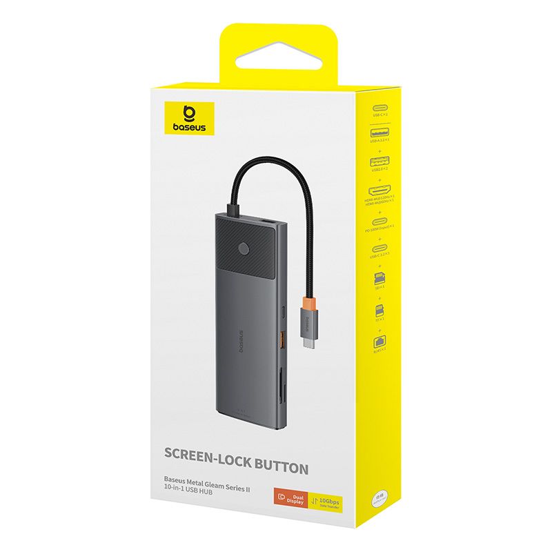 BASEUS Хъб 10-в-1 от Type-C към 3xUSB3.0+2xHDMI 4K+USB-C(PD)100W+USB-C(data)+TF/microSD+RJ45 /сив/ - B00061800123-01
