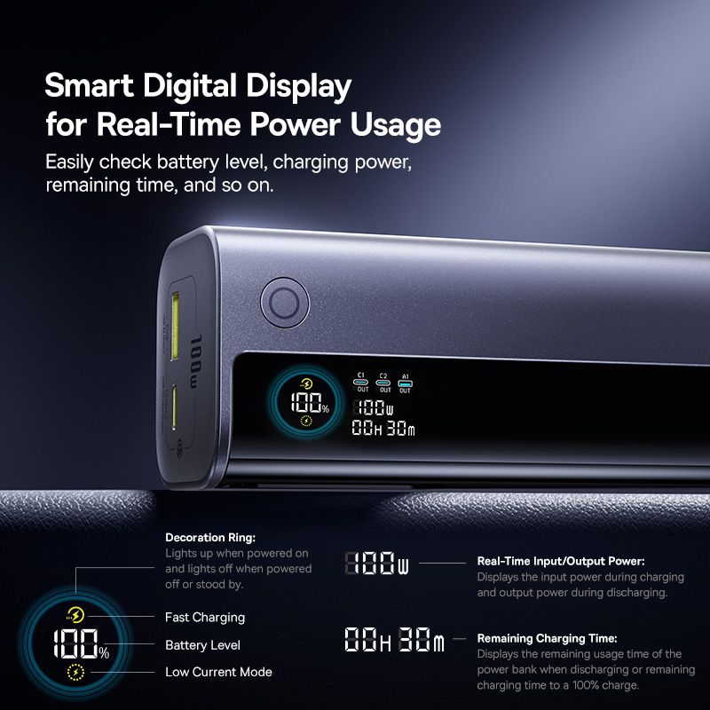 BASEUS Power Bank 10000 mAh, 100W + вграден кабел Type-C, EnerGeek GR11 /сив/ - E0027A01 - Image 6