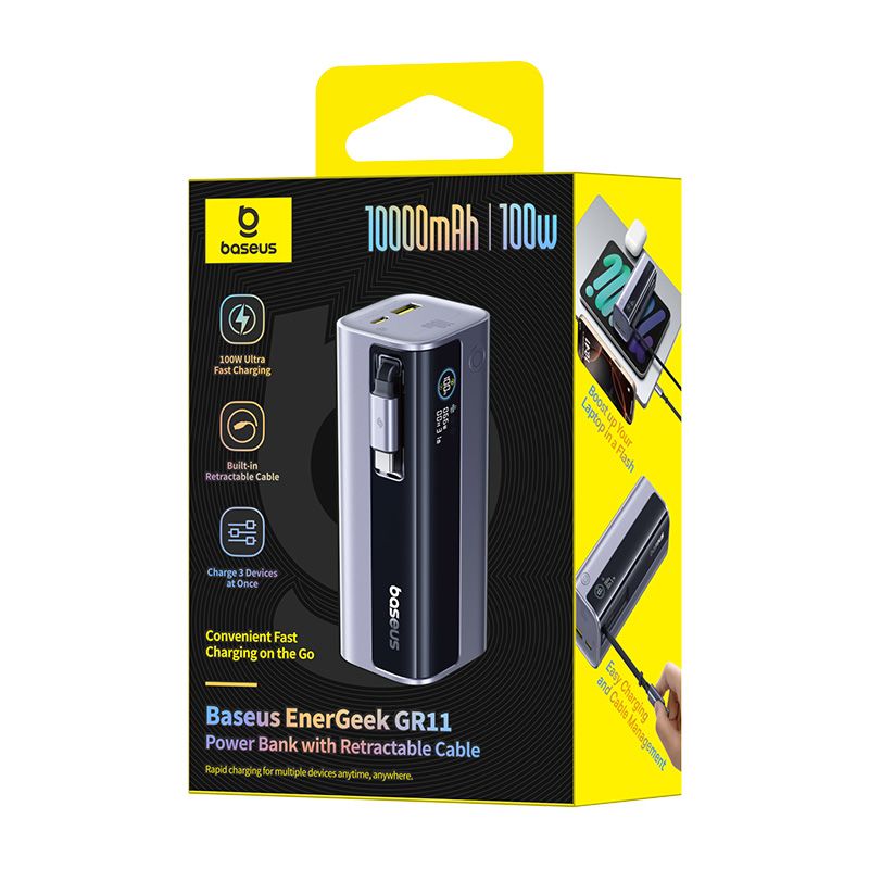 BASEUS Power Bank 10000 mAh, 100W + вграден кабел Type-C, EnerGeek GR11 /сив/ - E0027A01 - Image 2
