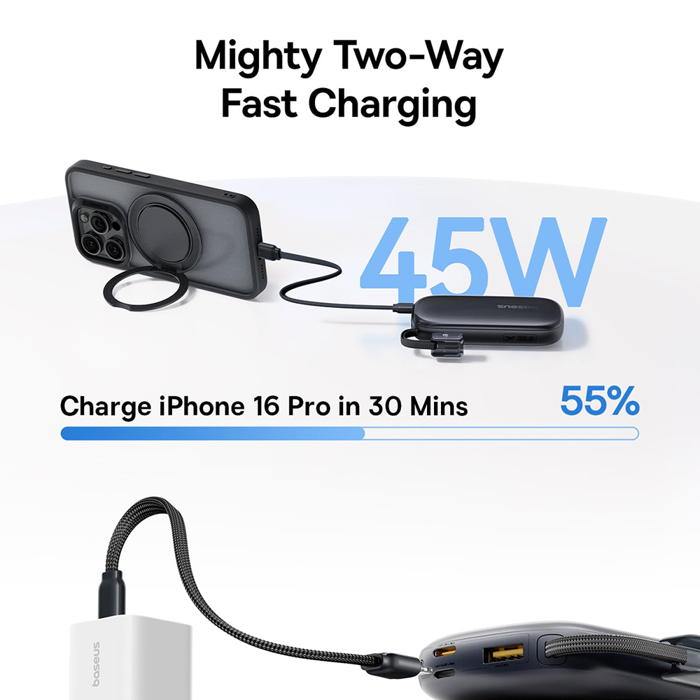 BASEUS Power Bank 10000 mAh, 45W + вградени кабели C+L, EnerFill FC21 Qpow 3 Ultra /розов/ - E0027Q02