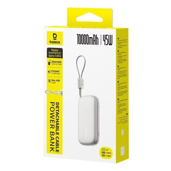 BASEUS Power Bank 10000 mAh, 45W + вградени кабели C+L, EnerFill FC21 Qpow 3 Ultra /естествен титаний/ - E0027Q01