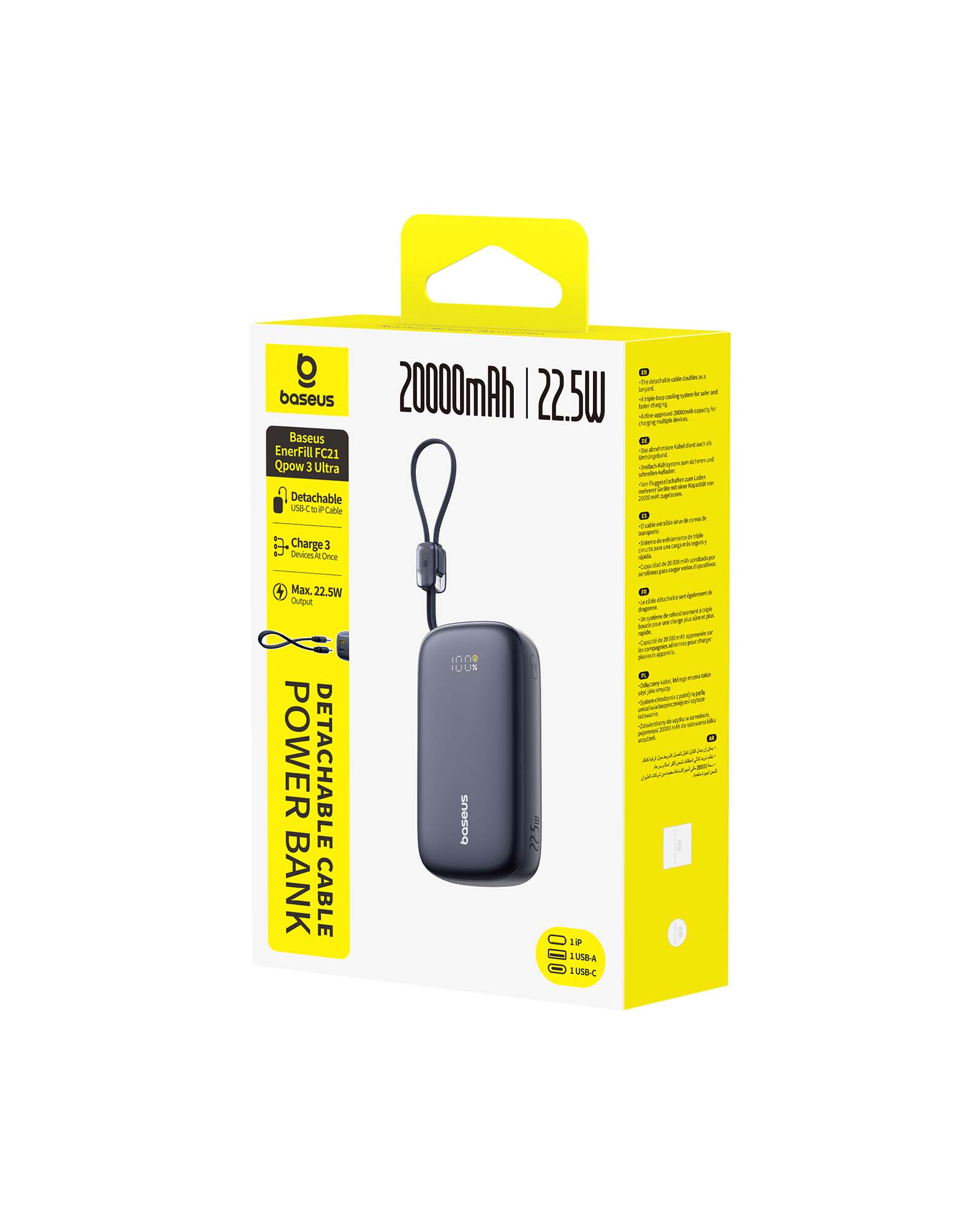 BASEUS Power Bank 20000 mAh, 22.5W + вградени кабели C-L, EnerFill FC21 Qpow 3 Ultra /черен/ - E0027M00