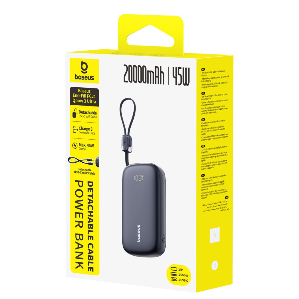 BASEUS Power Bank 20000 mAh, 45W + вградени кабели C-L, EnerFill FC21 Qpow 3 Ultra /черен/ - E0027P00