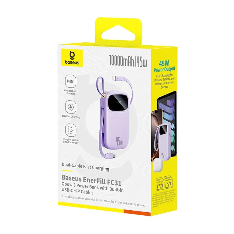 BASEUS Power Bank 10000 mAh, 45W + вградени кабели C + L, EnerFill FC31 Qpow 3 /бял/ - E0028C01 - Image 2